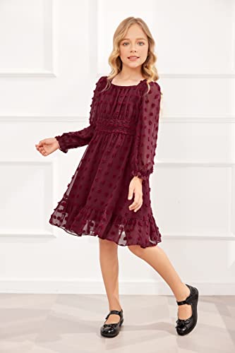Hopeac Girls' Casual Dresses Long Lantern Sleeve Plain Square Neck Ruffle Dress Swiss Dot Chiffon Christmas Holiday Frocks Wine Red #TOP3
