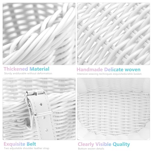 Women Men Bicycle Front Handlebar Bicycle Basket, Front Hand-Woven Bike Basket with Leather Belt (White)