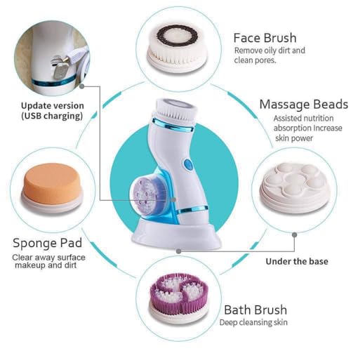Escova de Limpeza Facial Elétrica Recarregável, 4 em 1, Massageadora Disponível nas cores: -Azul -La