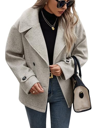 chouyatou Women's Winter Loose Fit Cropped Wool Coat Double Breasted Dressy Short Blazer Jacket Peacoat