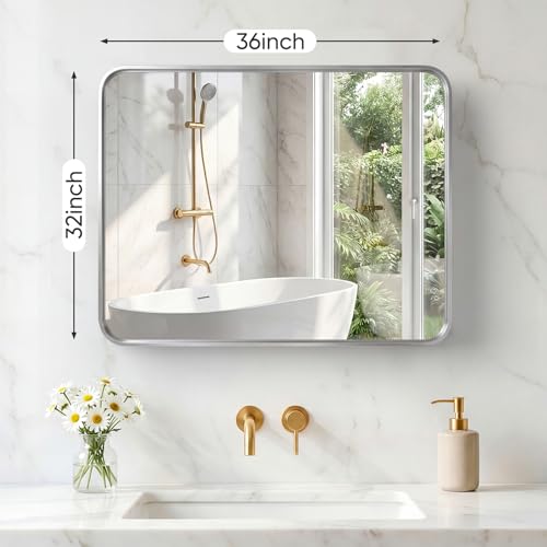 Image of Sweetcrispy Bathroom Mirror 36x32 Inch Metal Framed Rounded Rectangle Vanity Mirror for Wall, Over Sink, Farmhouse, Restroom, Anti-Rust, Modern Decorative, Horizontal or Vertical Hanging, Silver