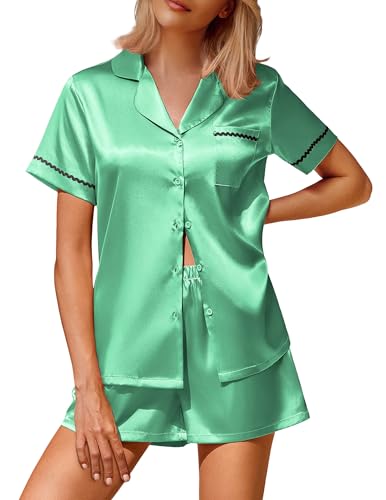Image of Ekouaer Silk Satin Pajamas 2 Piece Pajamas for Women Set Button Down PJ Short Sleeve and Shorts Pjs Lounge Sets
