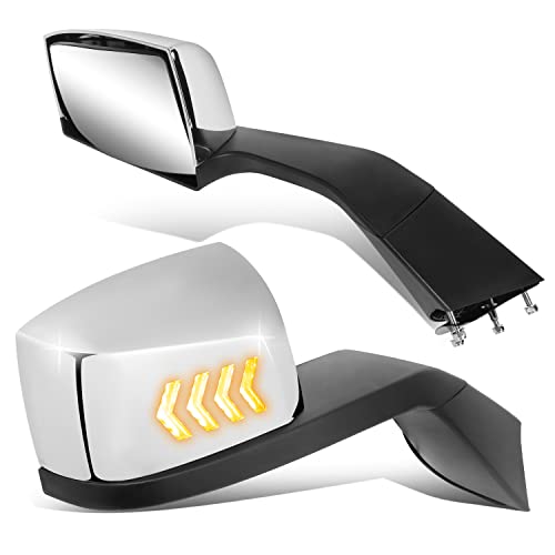 Auto Dynasty Arrow-Pattern LED Sequential Turn Signal Manual Adjust Rear View Side Hood Mirrors Compatible with Volvo VNL VN Series 2018-2021, Driver and Passenger Side, Textured Polished Chrome