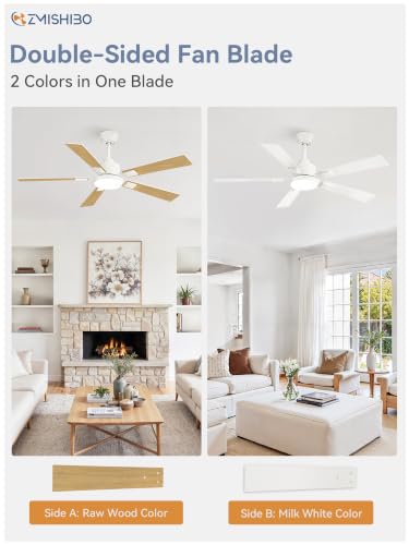 Image of ZMISHIBO 52 inch White Ceiling Fans with Lights and Remote, Indoor /Outdoor Modern Ceiling Fan for Bedroom Living Room Patio, 6 Speed Reversible Quiet DC Motor, 3 CCT, Dual Finish Blades