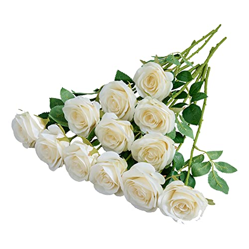 Helera 12pcs Ivory Roses Artificial Flowers Silk Flowers Fake Roses with Long Stems for Wedding Decor Home Decor Baby Shower Party Centerpieces Decorations