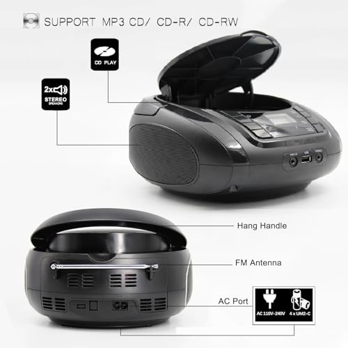 LONPOO Portable Boombox - CD Player, Bluetooth, USB, MP3, AUX, FM Radio, Portable, Built-in Stereo Speakers, Carrying Handle, LCD Display, Black