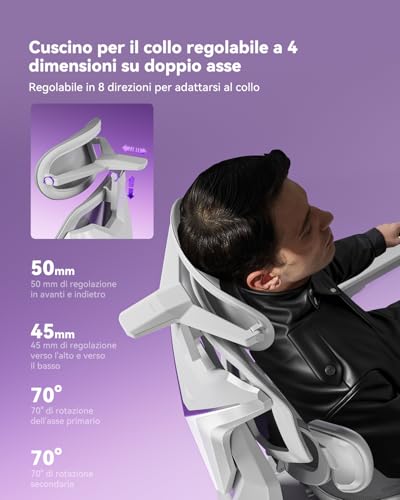 G7 Sedia Gaming Ergonomica, Sedia da Gaming con Supporto Lombare Dinamico, Braccioli Girevoli a Doppio Asse 720°, Schienale Reclinabile a 140° e Cuscino Cervicale 4D (Bianco) - Sedia gaming - Immagine 4