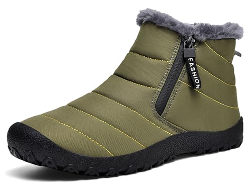 LLTMALL Men's Winter Waterproof Fur Lined Flat Ankle Boots Zipper Outdoor Warm Snow Boots