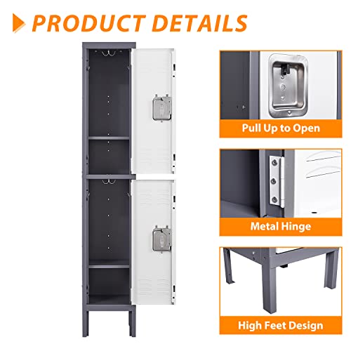 Image of Metal Storage Locker, Lockable Employees Metal Locker with 2 Doors, 65.98 inch Height Steel Locker for Home, Dressing Room, Office, Gym (Grey White)
