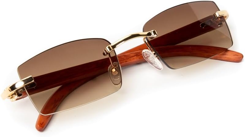 Men Women Rimless Gold Frame Stylish Brown Tinted Woodgrain Shades 90s Rectangle Cool Frameless Retro Trendy Hip Hop Old School Unisex Square Sunglasses
