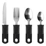 Jetisva Easy Grip Cutlery Set of 4 Black Disability Aids with Knife Fork Spoon Large Wide Handled Arthritis Hands Aids Cutlery Adaptive Eating Drinking Utensils for Disabled People Elderly Parkinson