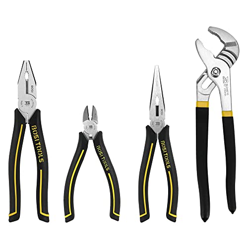 B BOSI TOOLS 4-piece Pliers Set, Premium Cr-V Construction, Including 6' Diagonal Cutting Pliers, 8' Long Nose Pliers and 8' Combination Pliers, 10' Groove Joint Pliers, with Storage Pouch