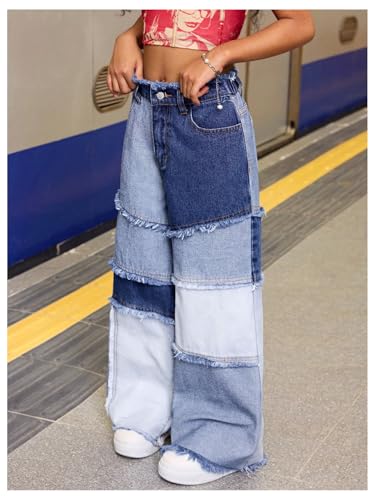 WDIRARA Girl's Color Block Wide Leg Jeans Raw Trim Baggy Denim Pants High Waisted Trousers3
