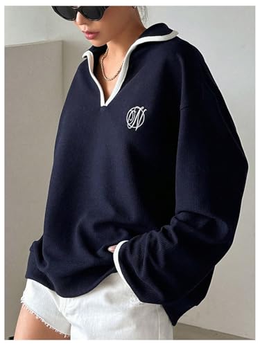 SHENHE Women's Oversized Sweatshirt Collared V Neck Long Sleeve Fall Preppy Pullover Sweatshirt2