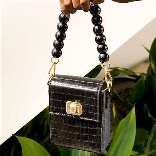 Melie Bianco Carly Vegan Leather Crossbody Bag, Black Croco-Embossed, Phone Purse with Beaded Handle, Gold Hardware