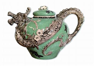 Green Dragon Designed Tea Pot - 10” x 10” x 7” Kiln Fired Clay Hand Casted and Hand Painted Ceramic Tableware made in the Chinese Tradition – Perfect for Loose Leaf Tea or Coffee Party