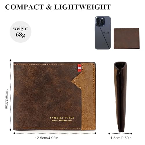 LJCZKA Bifold Leather Wallet Mens Slim Minimalist Wallets Thin Stylish Multi-card Holder with ID Window, Zipper Cash Pocket (Dark Coffee)3