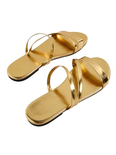 GORGLITTER Women's Metallic Strappy Open Toe Flat Sandal PU Leather Summer Slides Sandals2