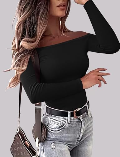 OwnTime Womens Off The Shoulder Tops Sexy Long Sleeve Shirts Fall Ribbed Knit Slim Fit Going Out Trendy Tops Blouses4