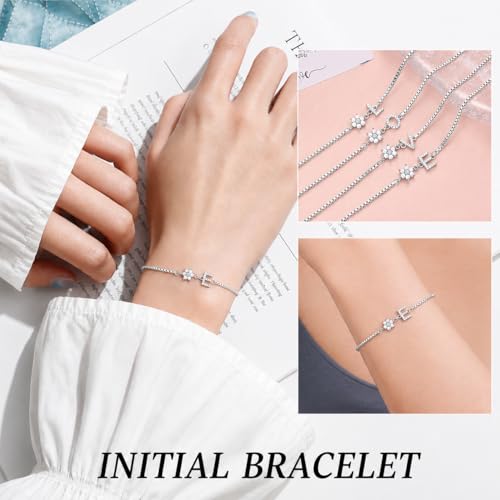 Image of Flower Girl Basket Gift, Flower Girl Proposal Pearl Flowers Initial Bracelet for Teen Bridesmaid Gifts for Wedding Day Adjustable Dainty 14k Gold Plated Letter Bracelet Bridesmaid Bracelets Jewelry