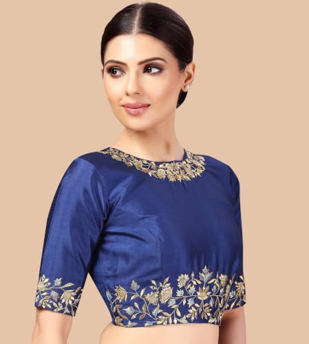 Image of Studio Shringaar Women's Readymade Art Silk Embroidered Saree Blouse with Elbow Length Sleeves