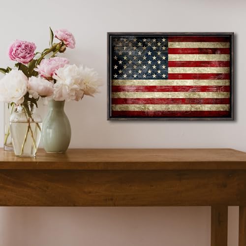 Image of Pyradecor Walnut Framed Wall Art Old Vintage American Flag Canvas Prints Abstract Landscape Pictures Paintings for Living Room Office Home Decorations