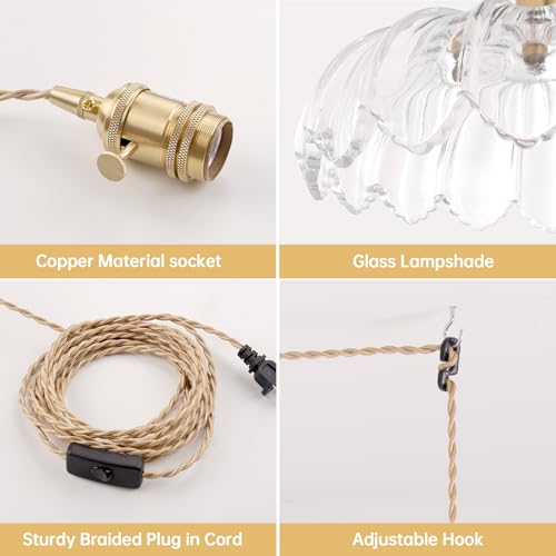 Image of Shenmoyl Plug in Pendant Light Hanging Light Fixtures with Plugin Cord On /Off Switch,Clear Scindapsus Glass Lampshade Brass Pendant Light