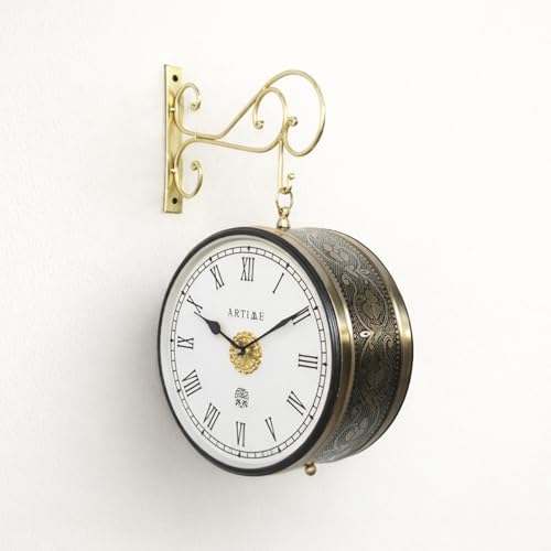 Image of Handcrafted Double Side Metal Analog Vintage Wall Clock | 1.5 Year Machine Warranty | 10 INCHES | 1 Side Number 1 Side Roman,Color Golden