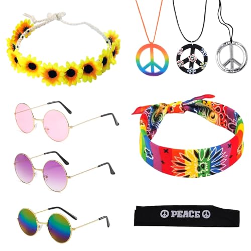 TSHAOUN 9 piezas Hippie Costume Set, Gafas de Sol Redondas Collar el Signo de la Paz Collar de Girasol y Diadema Jipi Colorida,Accesorios de Vestir Hippie Retro de Los Años 60, 70 (9 piezas)