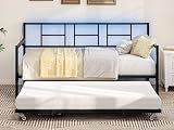 YITAHOME Twin Daybed with RGB LED Lights & Charging Station, Height Adjustable Day Bed Frame with Trundle, Versatile Metal Sofa Bed Frame for Bedroom, Living Room, Guest Room, Black