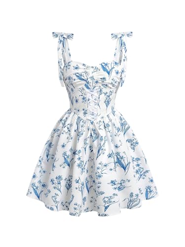 OYOANGLE Girl's Boho Floral Print Criss Cross Ruffle A Line Dress Ruched Vacation Holiday Sundress