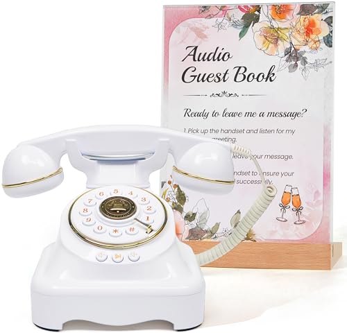 Image of RetroVox Audio Guest Book Wedding Phone Guestbook and Signage Guest Audio Message Book, Vintage Style for Wedding Reception, Bridal Shower, Baby Shower(White & Sign Holder A)