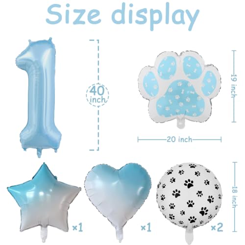 Image of Blue Puppy Dog Paw Print Number 1 Foil Balloon Kit Boys 1st Birthday Decor