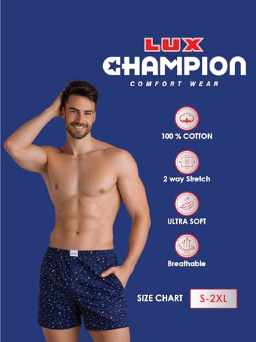 Image of Lux Champion Men's Super Combed Mercerized Cotton Printed Boxer Shorts (Pack of 2) | Comfortable & Breathable for Summers | Dual Side Pockets with Security Zip (Color and Print May Vary)