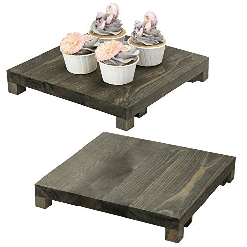 MyGift Vintage Gray Solid Wood Square Dessert Serving StandTabletop Retail Display Risers Set of 2