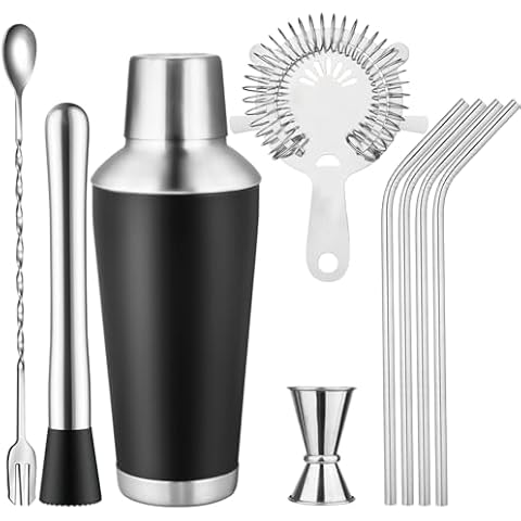 9 Piece Premium Cocktail Shaker Set, 25oz Stainless Steel Martini Shaker, Elegant Bartender Kit with Muddler, Strainer, Mixing Spoon, Jigger & Straw Cover
