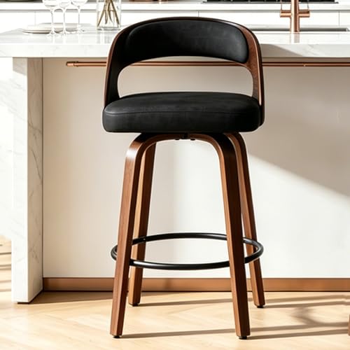 Image of Swivel Bar Stools Set of 1, 26 inch Counter Height Bar Stools with Curved Backrest, Mid-Century Modern PU Fabric Modern Island Chairs with Footrest, for Kitchen, Bar, Restaurant, Cafe, Black