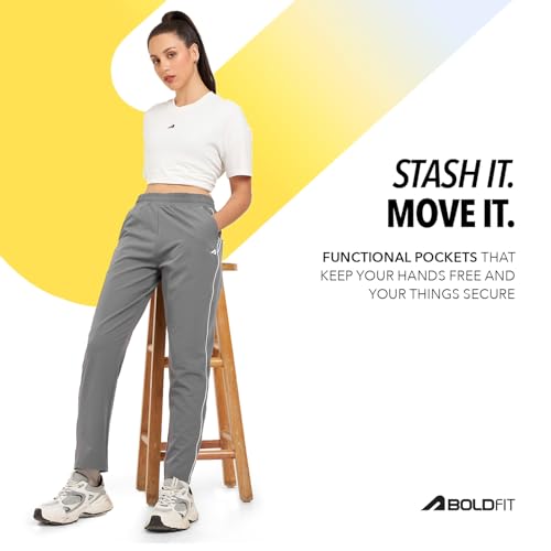 Image of Boldfit Track Pants for Women with Contrast Piping,Lightweight Poly Terry Fabric,Elastic Waistband, Side Slant Pockets,Regular Fit Gym Track Pants for Woman Athletic Gym,Running & Casual Wear Joggers
