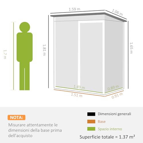 Outsunny Casetta Da Giardino 1.37M² In Metallo, Montaggio Facile, Capanno Porta Attrezzi Da Giardino Con Prese D'aria, Porta Scorrevole, Tetto Inclinato E Guanti, 159X106X181 Cm, Marrone - 7