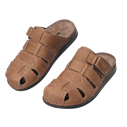JOMIX Sandales Homme Mules Bout Fermé en Cuir Synthétique avec Bride Ajustable Chaussures d'été Respirantes à Talon Plat pour Plage Jardin et Quotidien, MOX260374, Chameau, 45 EU