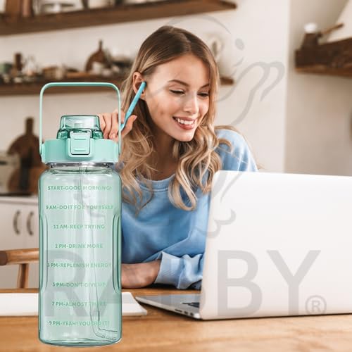 Image of RABBY 2L Motivational Water Bottle for Kids & School Use | Time Marker, BPA-Free, Leakproof Straw Lid, Carry Strap | Plastic Water Bottle for Travel, Sports, Gym, Office (Sea Green 1Pcs)