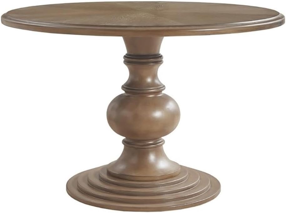 Pemberly Row Round Farmhouse Wood Pedestal Dining Table, Walnut Finish, 46"Dia x 30"H, Diamond-Patterned Veneer Top, Turned Base, Rustic Kitchen or Dining Room Table for Everyday or Special Gatherings