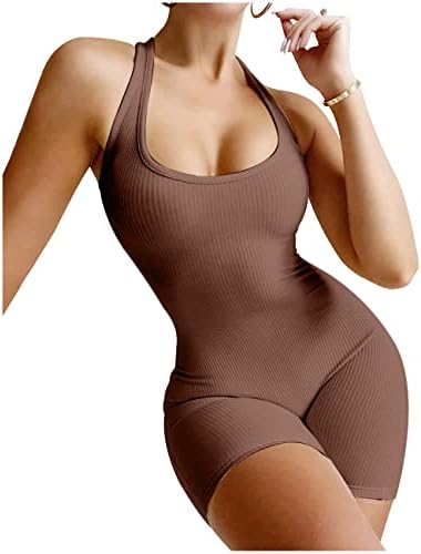 Joukavor Women's Sexy One Piece Tank Top Bodysuit Shorts Sleeveless Bodycon Unitard Jumpsuits Romper Short Catsuit (Coffee, Large)
