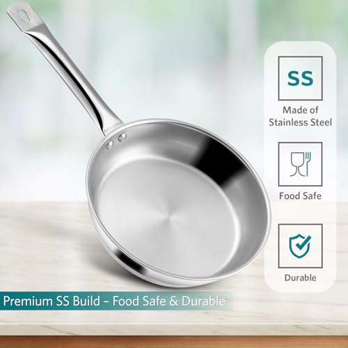 Image of VAYA Hautechef Stainless Steel Impact Bonded Fry Pan 24cm (2.0L) with Triply Bottom, Induction & Gas Stove Compatible, Durable Cookware, Must Have Cooking Utensils, Silver