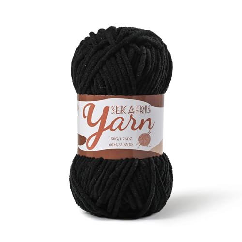 Fluffy Velvet Yarn for Crocheting，Baby Blanket Yarn for Crocheting Soft，50g(65.6yds) Amigurumi Yarns，Plush Chenille Crochet Yarns，Puzzle Yarn for Crochet Weaving Craft(Black)