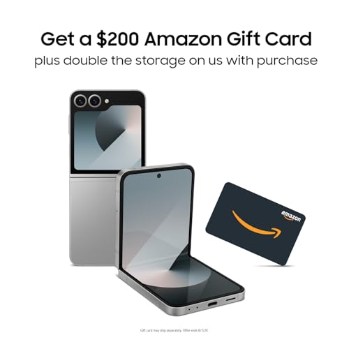 Image of SAMSUNG Galaxy Z Flip 6 AI Cell Phone + $200 Amazon Gift Card + Large Storage Launch Bundle, 512GB Unlocked Android Smartphone, FlexCam Camera, Photo Assist, Camcorder Mode, US Version, 2024, Silver