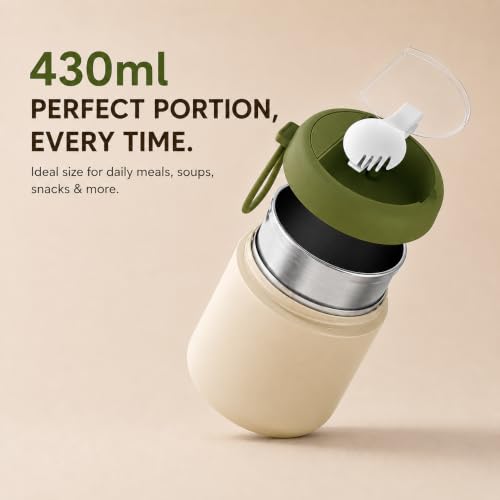 Image of Portable Food Container 430ml with Spoon | Silicone Sealed Lid & Pressure Release Vent | Compact Lunch Pot with Carry Loop for Snacks Meals Office School & Travel - White