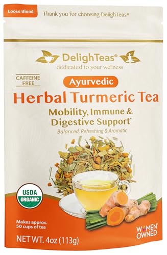 DelighTeas Organic Turmeric Ginger Tea | Ayurvedic Loose Leaf Herbal Turmeric Tea for Mobility, Immune & Digestive Support | Non-GMO, Caffeine Free, Unsweetened | 50 Servings, 4oz.