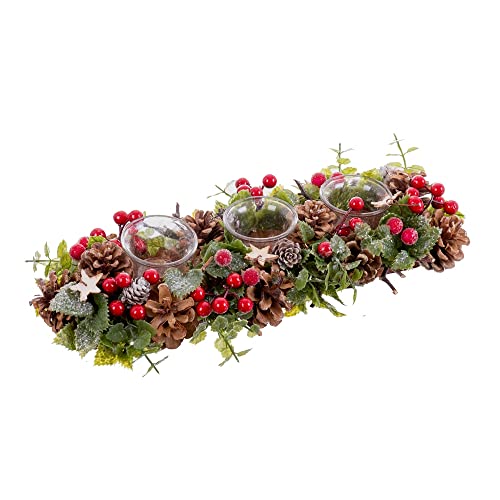LOLAhome Centro de Mesa de Navidad 3 Velas de Cristal con Acebo y Hojas Rojo y Verde de piñas de 36x14 cm Cover