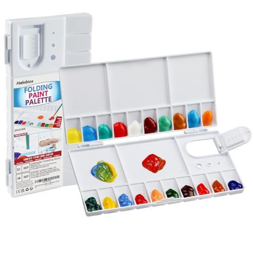 Watercolor Palette, Halobios Paint Palette with 20-Well and 5 Mixing Areas, Folding Paint Tray with Thumbhole and Paint Brush Holder, Plastic Painting Palette for Children Beginners Artists(1 Pack)